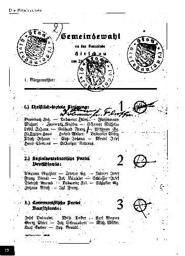 Bei der „Gemeindewahl in der Gemeinde Hirschau am 27. Januar 1946“ lagen den 1 410 Wahlberechtigten aus den „Ortsfluren Hirschau, Kricklhof, Sargmühle und Weiher“ die Wahlvorschläge von drei Parteien vor: 1. Christlich-soziale Einigung, 2. Sozialdemokratische Partei Deutschlands und 3. Kommunistische Partei Deutschlands. - Foto von Werner Schulz