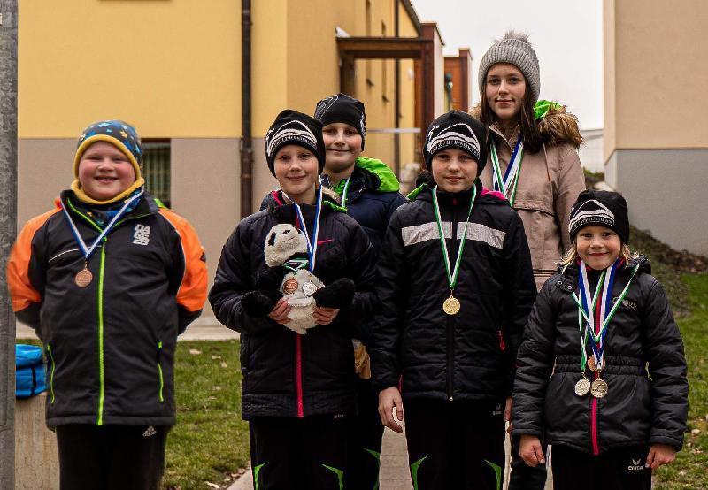 Sechs Hirschauer Nachwuchsschwimmer schafften es beim Kinderschwimmfest in Auerbach aufs Podest. Vorne v. l.:  Jonas Arnold, Emely Lippert, Anna-Lena Rösch und Tialda Lippert, hinten: Samuel Lippert und Lena Gimpl. - Foto von Werner Schulz