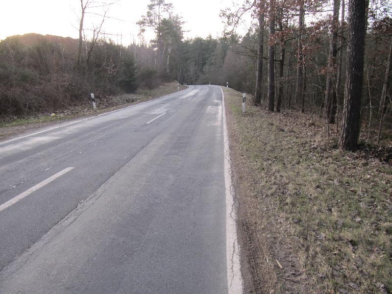 Wie ein Fleckenteppich, rissig und holprig präsentiert sich der Straßenbelag auf dem etwa zwei Kilometer langen Teilstück der Staatsstraße von Hirschau kurz vor Großschönbrunn
 
 - Foto von Gerhard Fleischmann