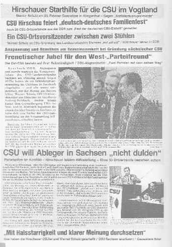 Mit einer 50-köpfigen Delegation reiste die Hirschauer CSU unter Führung ihres Vorsitzenden Werner Schulz am 10. Juli 1990 zur Gründungsversammlung des CSU Landesverbandes Sachsen nach Auerbach. Die engagierte Rede von Werner Schulz, dem „Parteifreund West“ wurde frenetisch bejubelt. - Foto von Repros: Helga Kamm